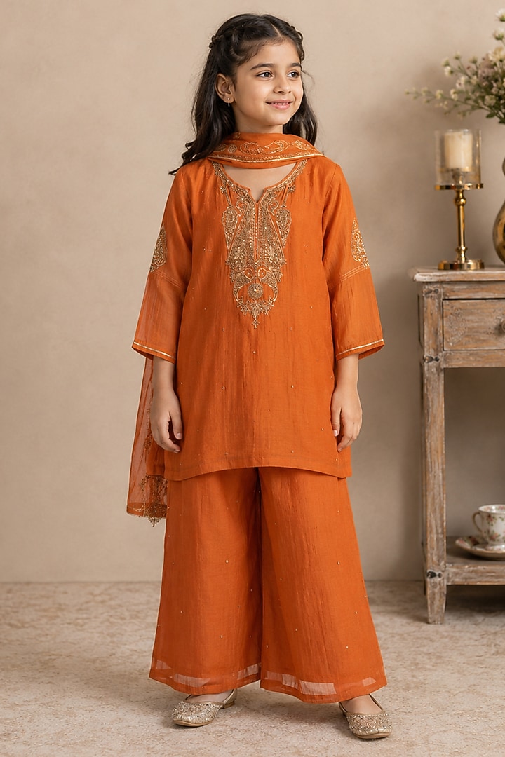 Rust Orange Silk Cotton Hand Embroidered Co-Ord Set For Girls by Tatwa Kids at Pernia's Pop Up Shop