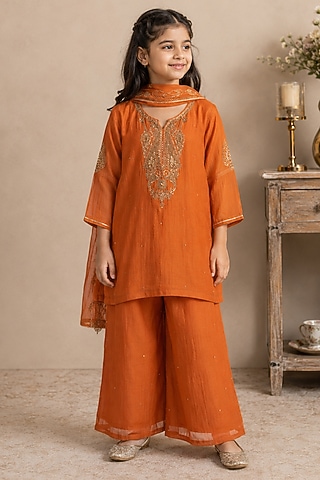 Rust Orange Silk Cotton Hand Embroidered Co-Ord Set For Girls by Tatwa Kids