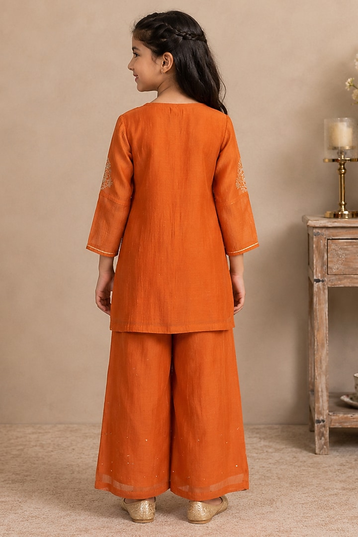 Rust Orange Silk Cotton Hand Embroidered Co-Ord Set For Girls by Tatwa Kids at Pernia's Pop Up Shop