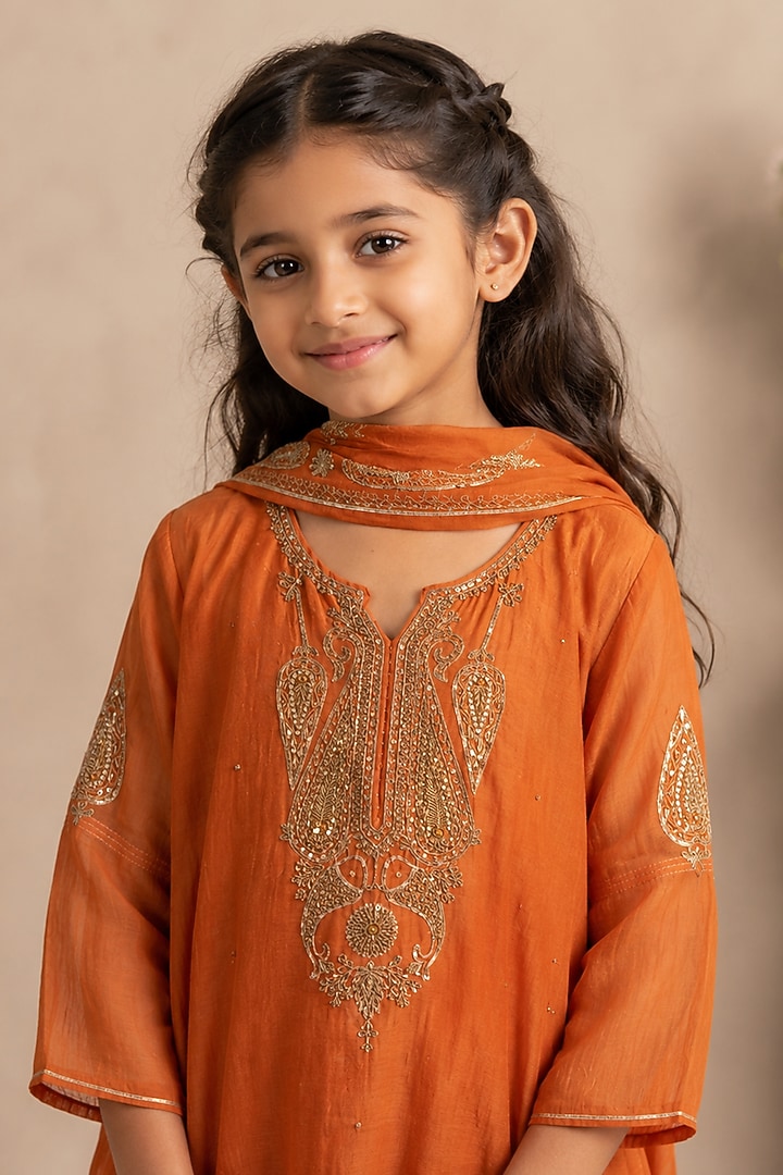 Rust Orange Silk Cotton Hand Embroidered Co-Ord Set For Girls by Tatwa Kids at Pernia's Pop Up Shop