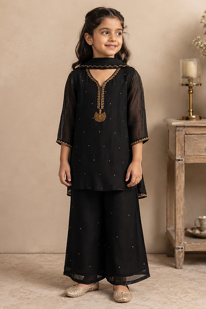 Black Silk Cotton Hand Embroidered Co-Ord Set For Girls by Tatwa Kids at Pernia's Pop Up Shop