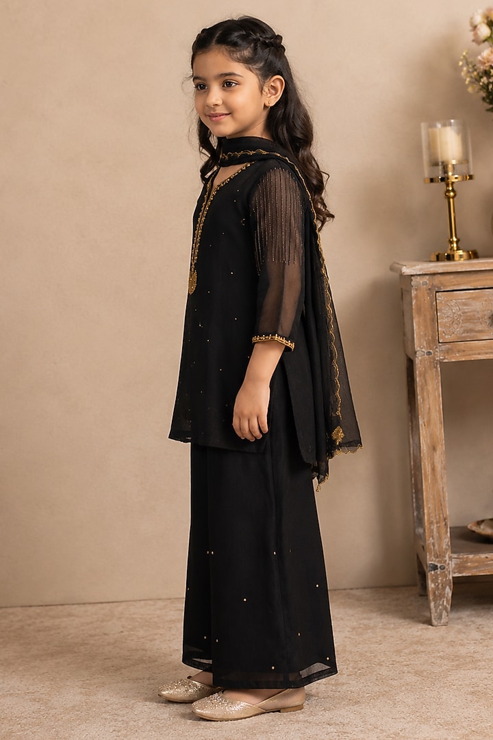 Black Silk Cotton Hand Embroidered Co-Ord Set For Girls by Tatwa Kids at Pernia's Pop Up Shop