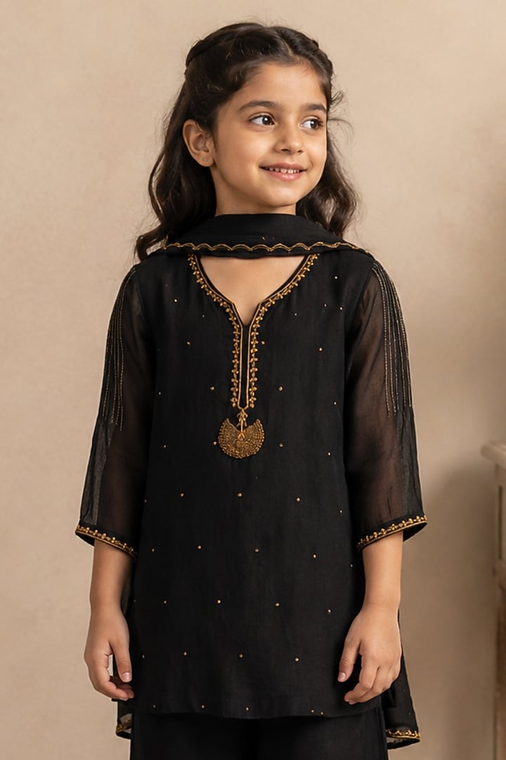 Black Silk Cotton Hand Embroidered Co-Ord Set For Girls by Tatwa Kids at Pernia's Pop Up Shop
