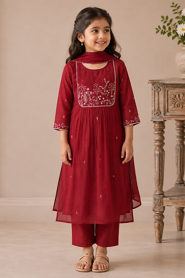 Maroon Silk Cotton Hand Embroidered Kurta Set For Girls by Tatwa Kids at Pernia's Pop Up Shop