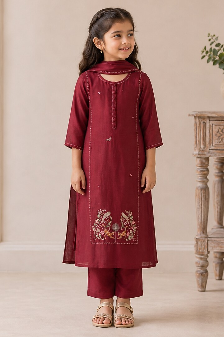 Maroon Silk Cotton Hand Embroidered Kurta Set For Girls by Tatwa Kids at Pernia's Pop Up Shop