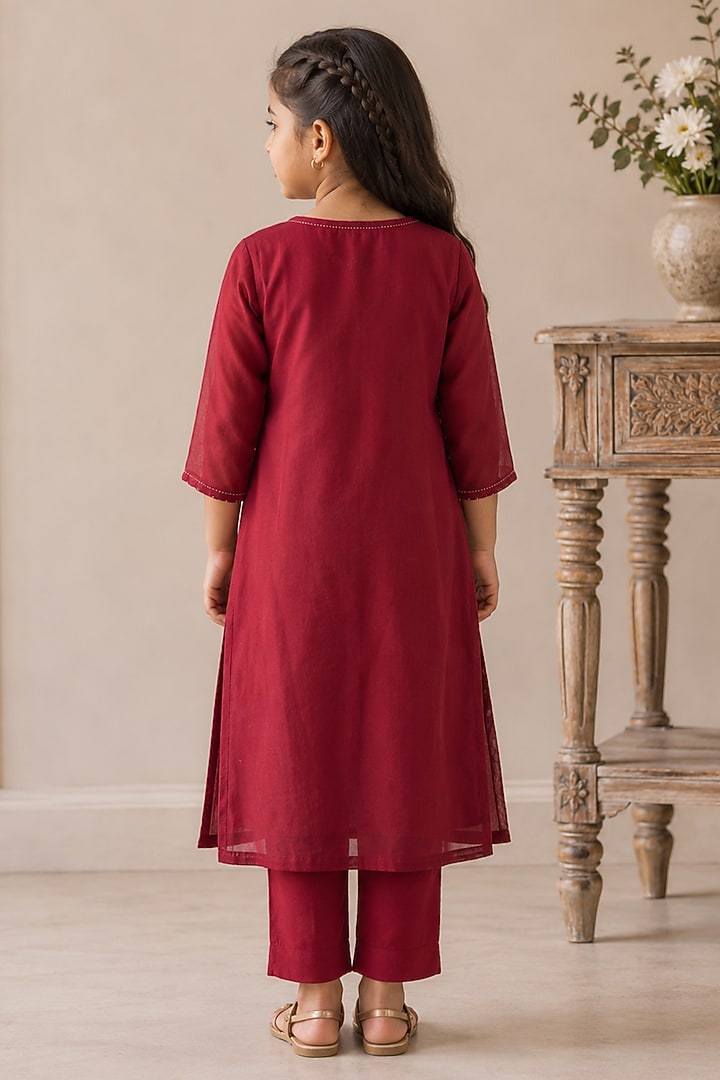 Maroon Silk Cotton Hand Embroidered Kurta Set For Girls by Tatwa Kids at Pernia's Pop Up Shop