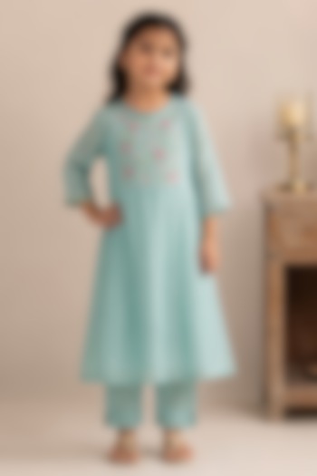 Teal Blue Silk Cotton Hand Embroidered Co-Ord Set For Girls by Tatwa Kids at Pernia's Pop Up Shop