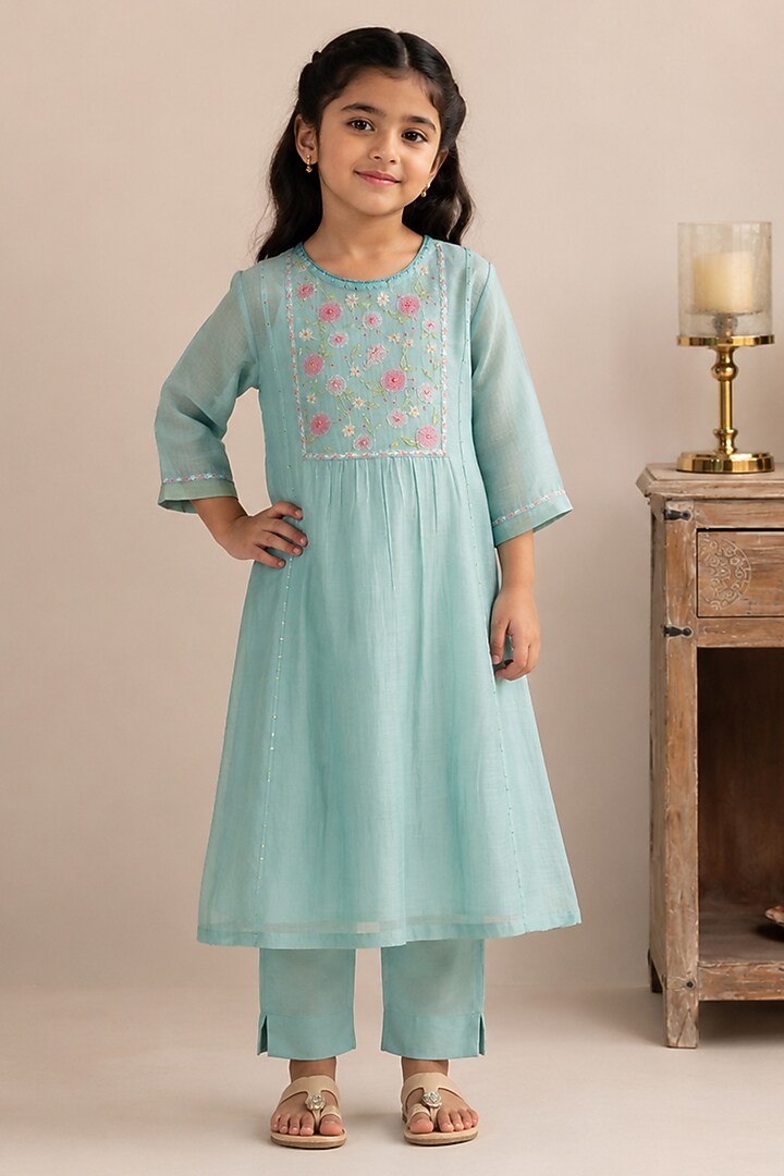 Teal Blue Silk Cotton Hand Embroidered Co-Ord Set For Girls by Tatwa Kids at Pernia's Pop Up Shop