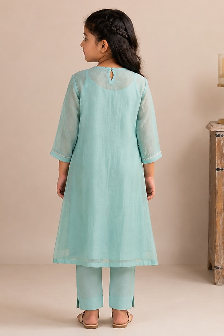 Teal Blue Silk Cotton Hand Embroidered Co-Ord Set For Girls by Tatwa Kids at Pernia's Pop Up Shop