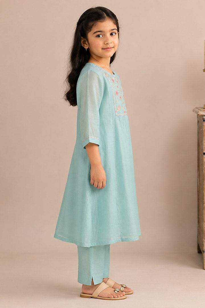 Teal Blue Silk Cotton Hand Embroidered Co-Ord Set For Girls by Tatwa Kids at Pernia's Pop Up Shop