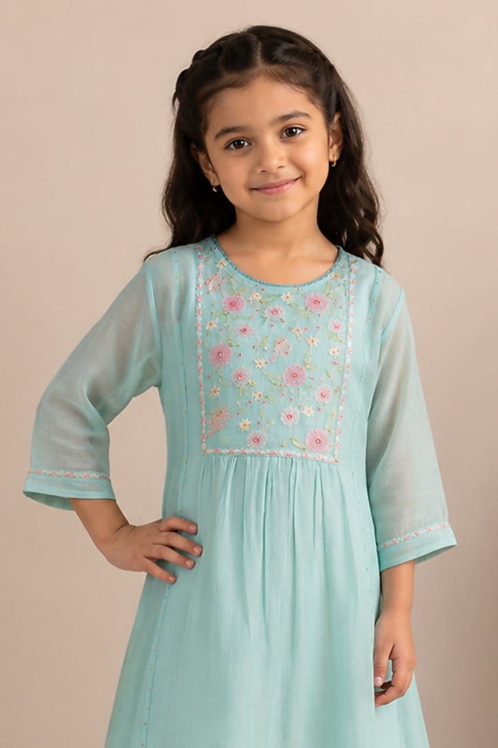 Teal Blue Silk Cotton Hand Embroidered Co-Ord Set For Girls by Tatwa Kids at Pernia's Pop Up Shop