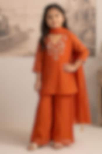 Rust Orange Silk Cotton Hand Embroidered Co-Ord Set For Girls by Tatwa Kids at Pernia's Pop Up Shop