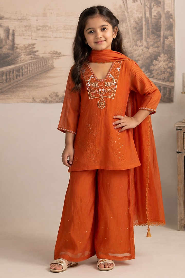 Rust Orange Silk Cotton Hand Embroidered Co-Ord Set For Girls by Tatwa Kids at Pernia's Pop Up Shop