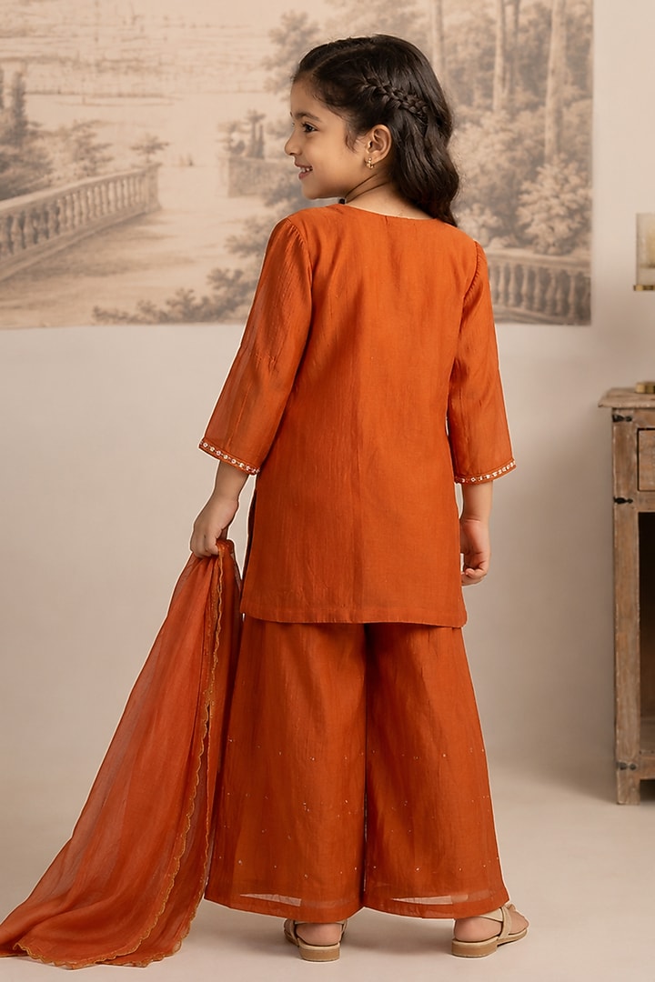 Rust Orange Silk Cotton Hand Embroidered Co-Ord Set For Girls by Tatwa Kids at Pernia's Pop Up Shop