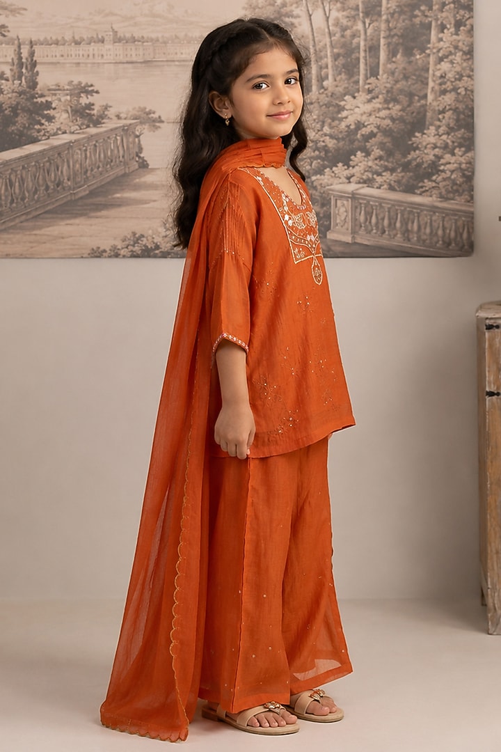 Rust Orange Silk Cotton Hand Embroidered Co-Ord Set For Girls by Tatwa Kids at Pernia's Pop Up Shop