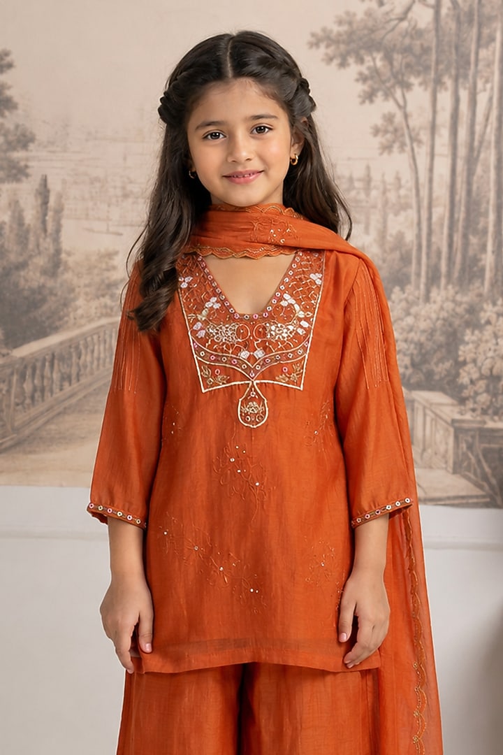 Rust Orange Silk Cotton Hand Embroidered Co-Ord Set For Girls by Tatwa Kids at Pernia's Pop Up Shop
