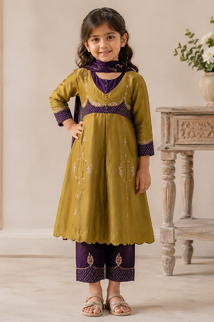Mehendi Green Silk Cotton Embroidered Mastani Kurta Set For Girls by Tatwa Kids at Pernia's Pop Up Shop
