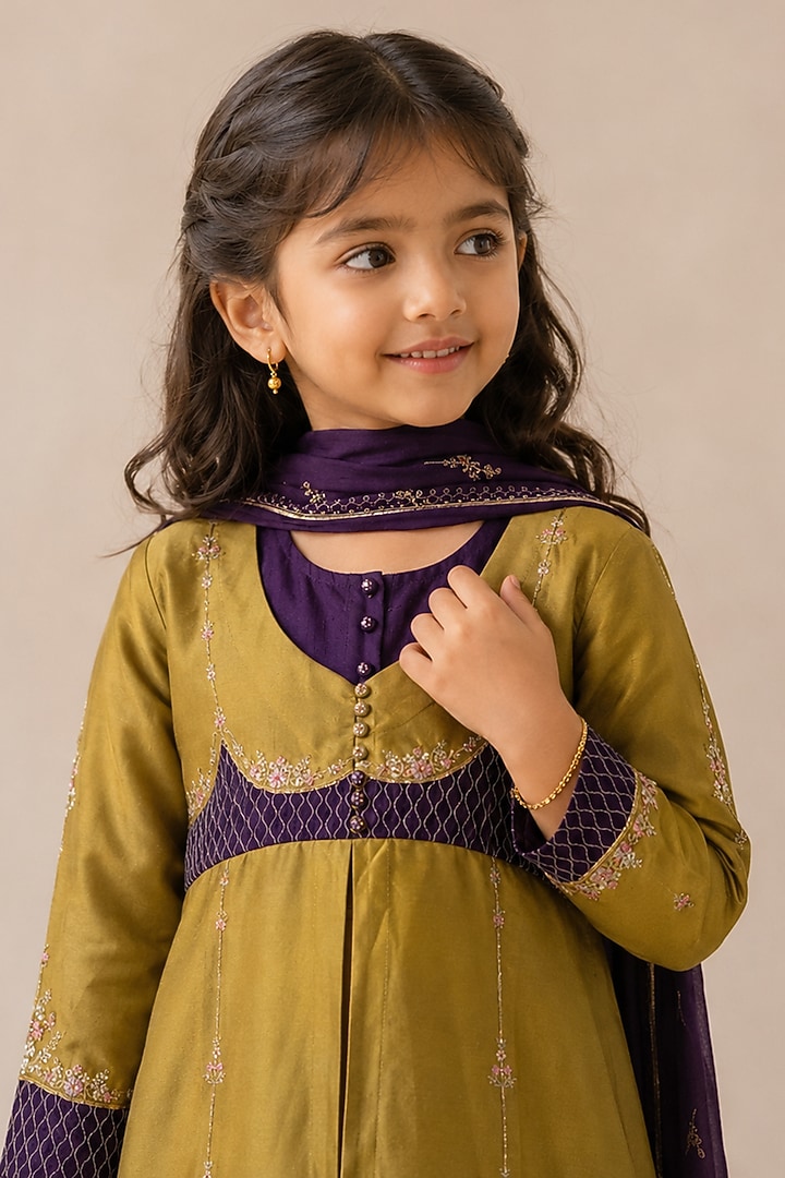Mehendi Green Silk Cotton Embroidered Mastani Kurta Set For Girls by Tatwa Kids at Pernia's Pop Up Shop