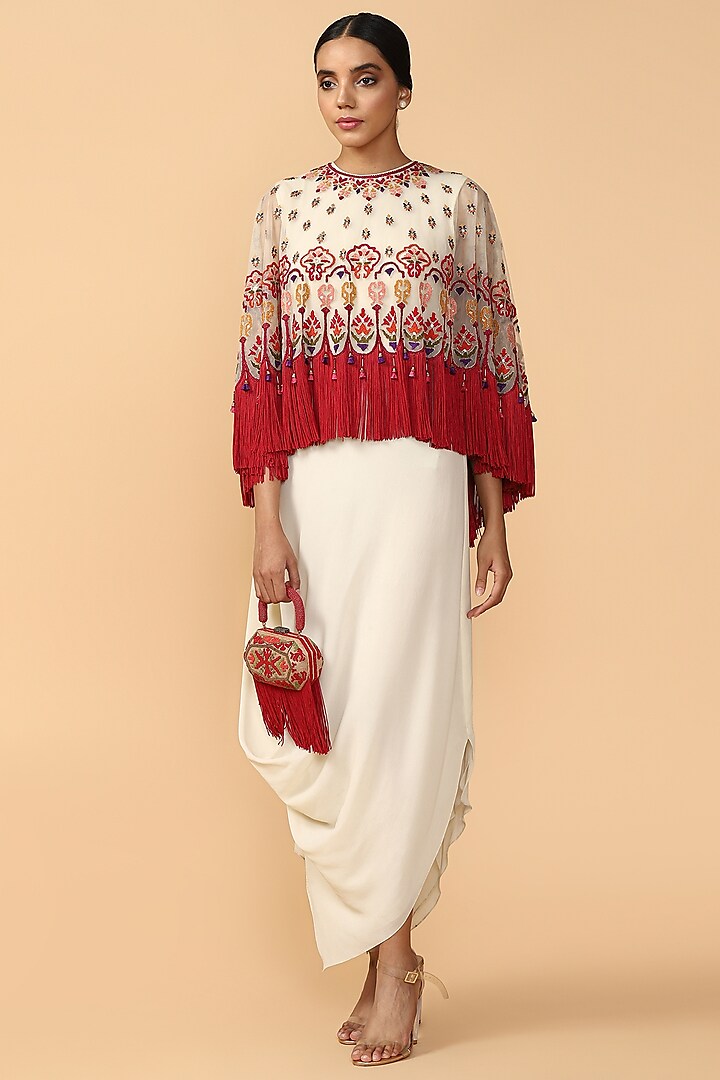 Ivory Embroidered Soft Net Cape by Tarun Tahiliani