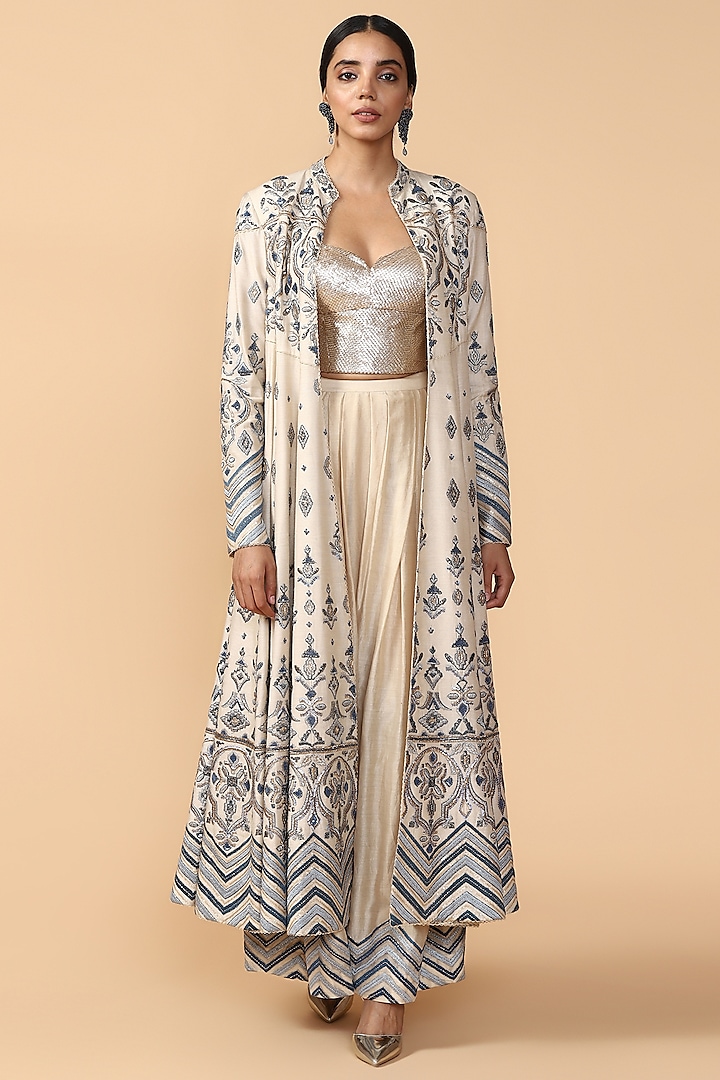 Ivory Embroidered Jacket With Pants & Bustier by Tarun Tahiliani