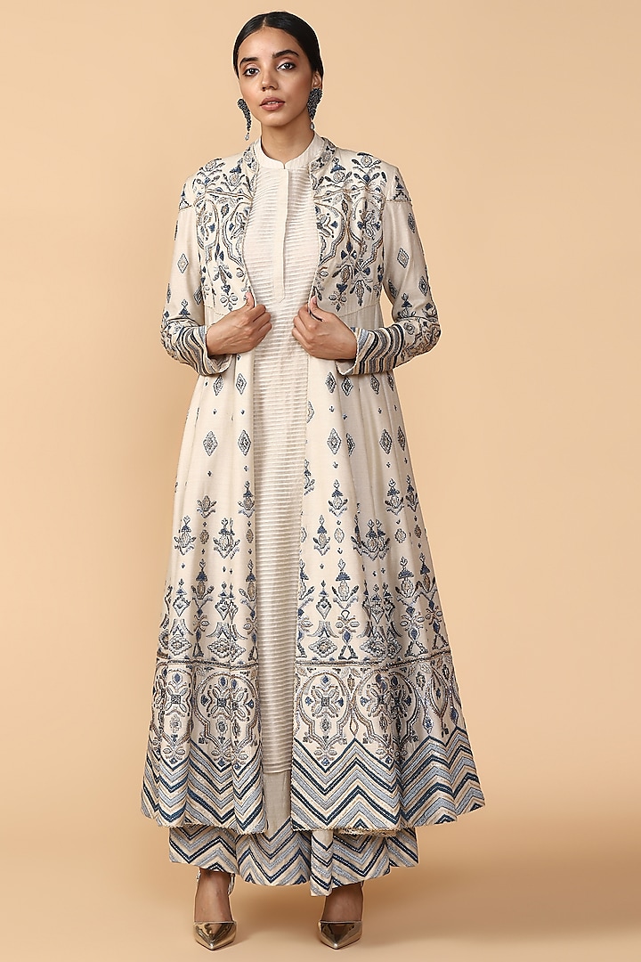 Ivory Sequins Embroidered Jacket With Trousers & Kurta by Tarun Tahiliani at Pernia's Pop Up Shop