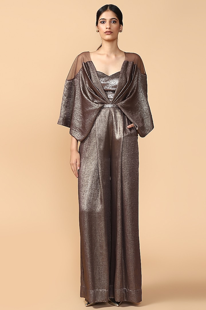 Charcoal Grey Embroidered Jumpsuit With Attached Bustier & Belt by Tarun Tahiliani