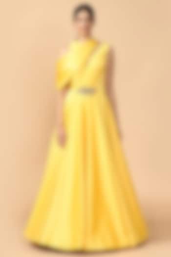 Yellow Embroidered Draped Gown by Tarun Tahiliani