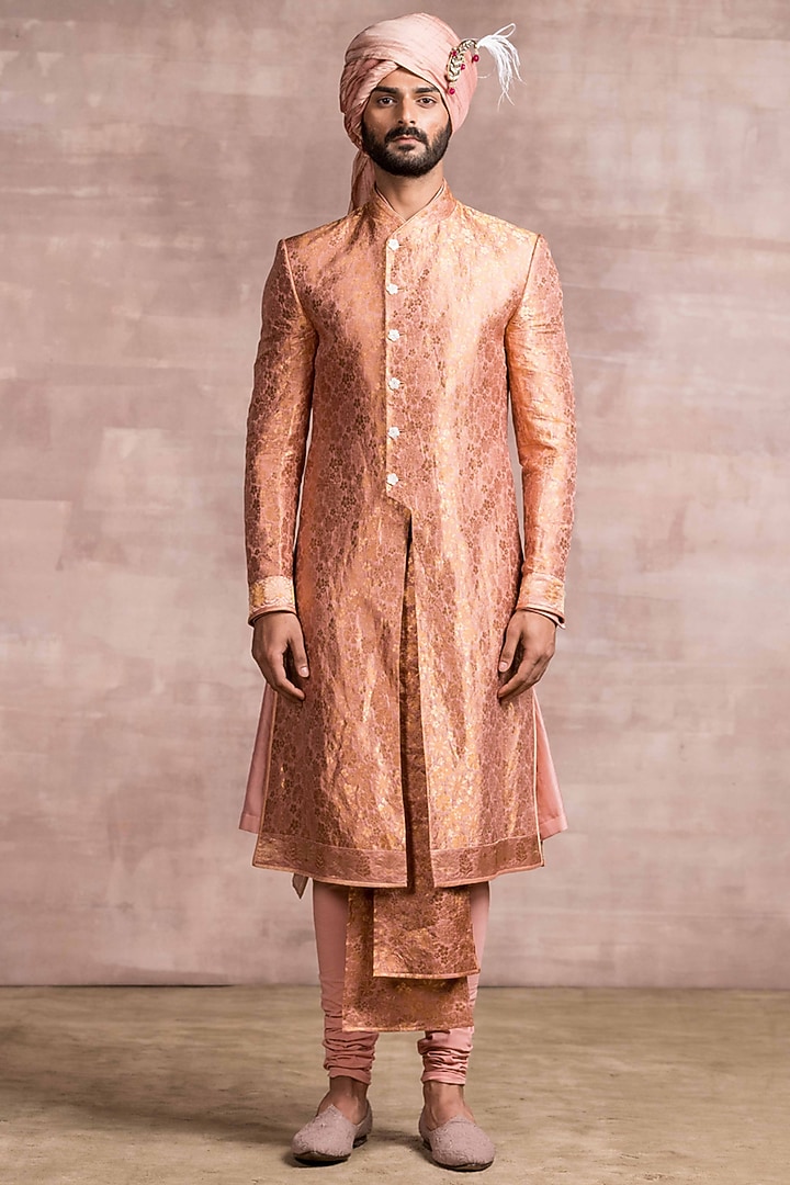 Peach Silk Brocade Groom Sherwani Set by Tarun Tahiliani Men at Pernia's Pop Up Shop