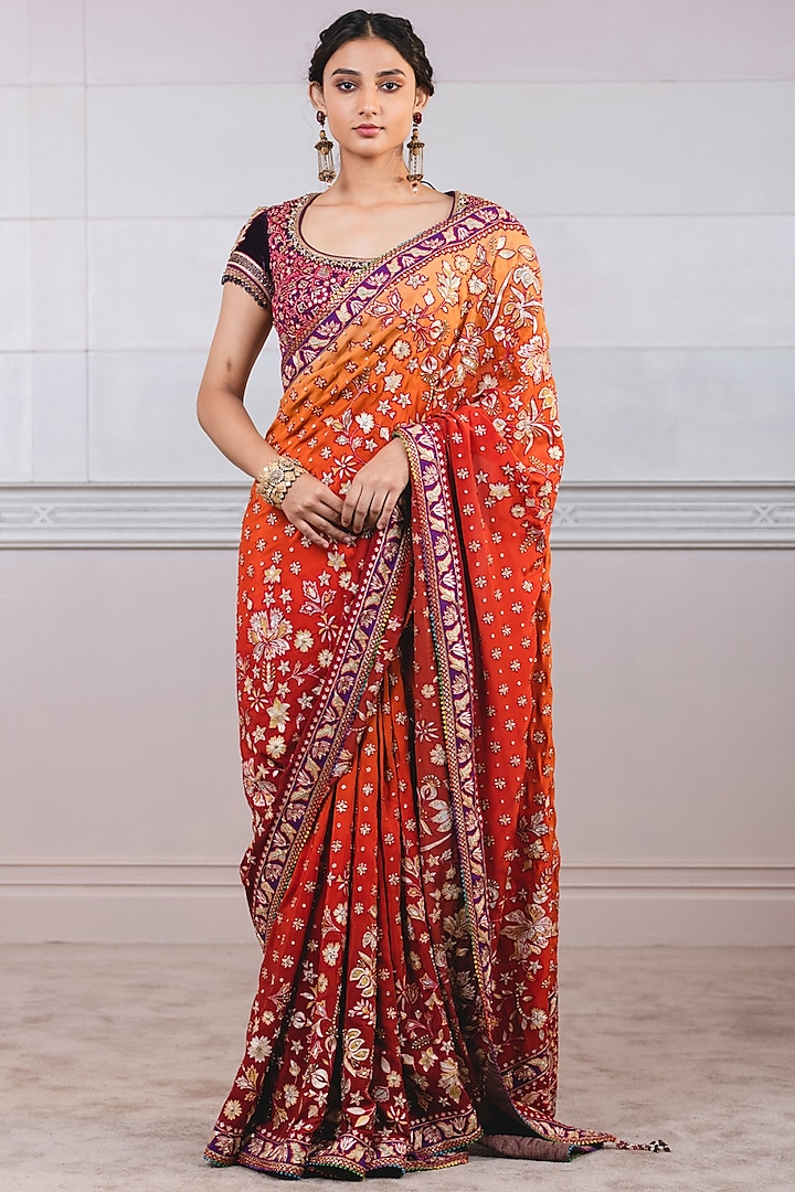 Red & Yellow Ombre Embroidered Saree Set by Tarun Tahiliani