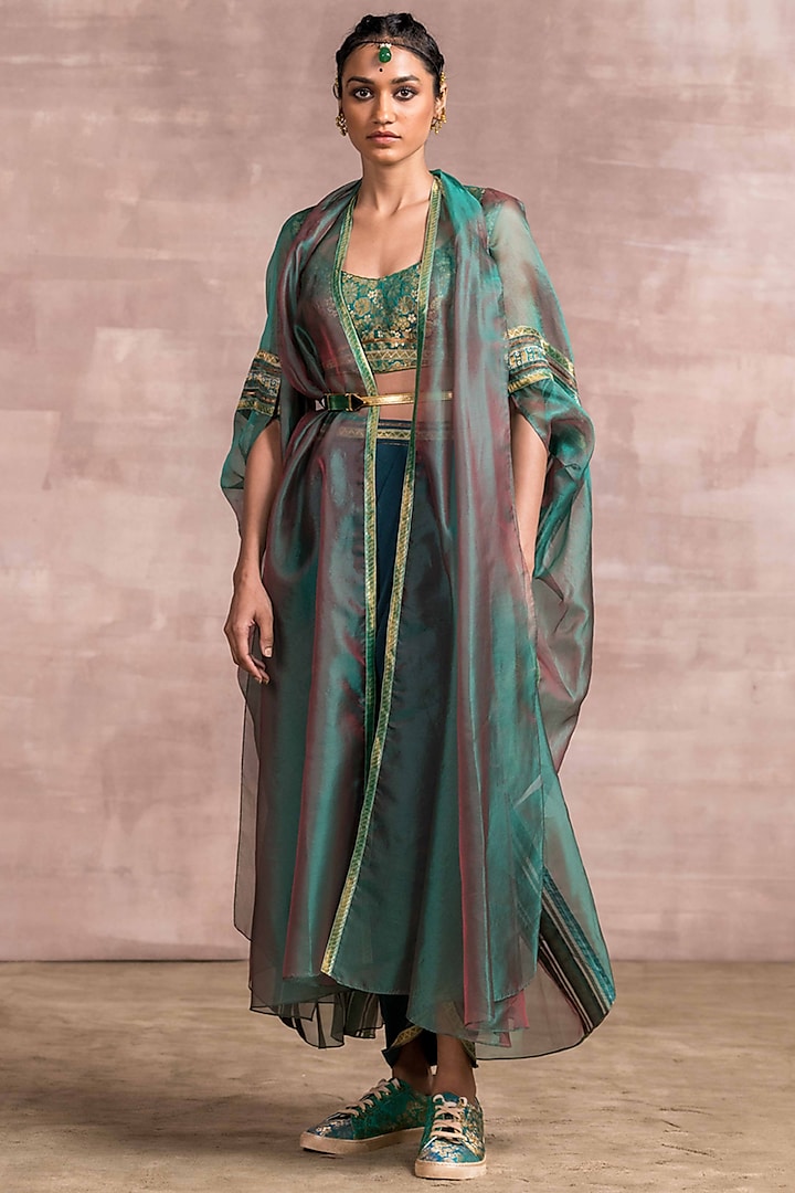 Ink Green Skirt Set With Organza Cape by Tarun Tahiliani