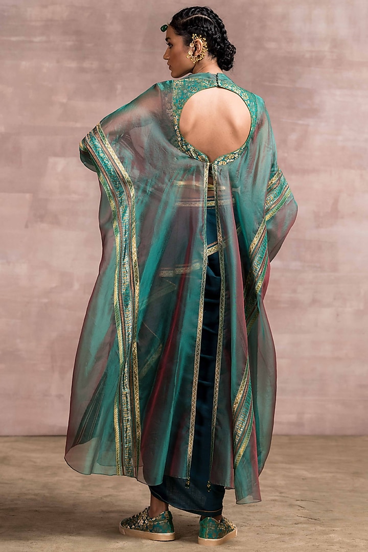 Ink Green Skirt Set With Organza Cape by Tarun Tahiliani at Pernia's Pop Up Shop