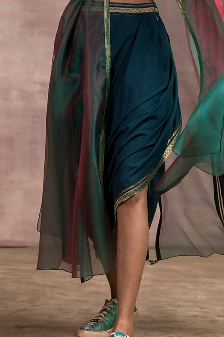 Ink Green Skirt Set With Organza Cape by Tarun Tahiliani at Pernia's Pop Up Shop