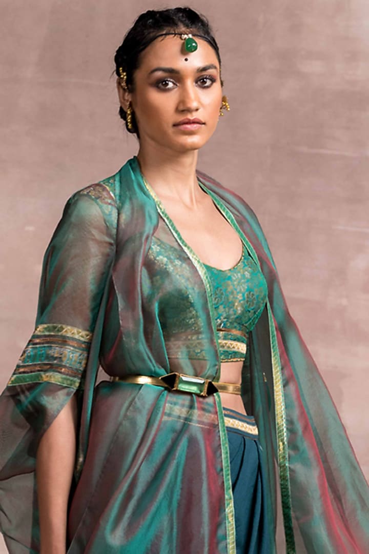 Ink Green Skirt Set With Organza Cape by Tarun Tahiliani at Pernia's Pop Up Shop