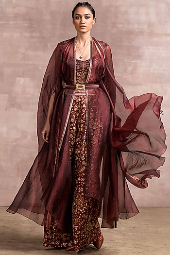 Wine Printed Pant Set WIth Organza Cape by Tarun Tahiliani