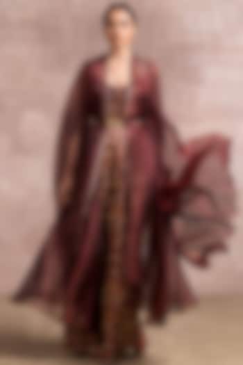 Wine Printed Pant Set WIth Organza Cape by Tarun Tahiliani at Pernia's Pop Up Shop