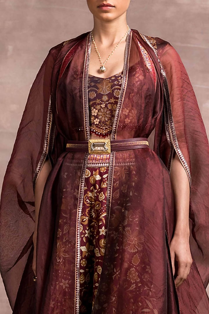 Wine Printed Pant Set WIth Organza Cape by Tarun Tahiliani at Pernia's Pop Up Shop