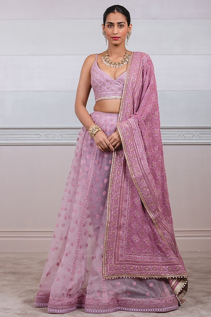 Mauve Chikankari Gathered Bridal Lehenga Set by Tarun Tahiliani at Pernia's Pop Up Shop