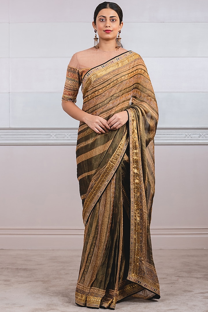 Olive Printed Zari Draped Saree Set by Tarun Tahiliani