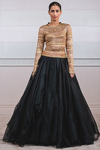 Beige Printed & Embellished T-Shirt by Tarun Tahiliani