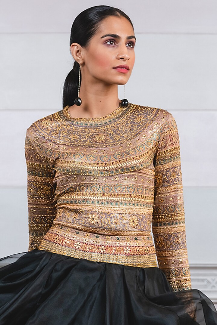 Beige Printed & Embellished T-Shirt by Tarun Tahiliani at Pernia's Pop Up Shop
