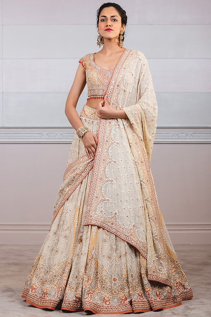 Pale Yellow Hand Embroidered Kalidar Lehenga Set by Tarun Tahiliani