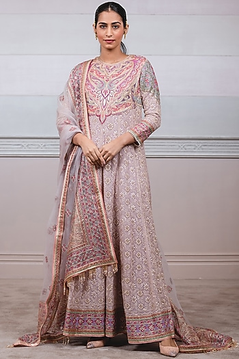 Mauve Embroidered Panelled Kurta Set by Tarun Tahiliani
