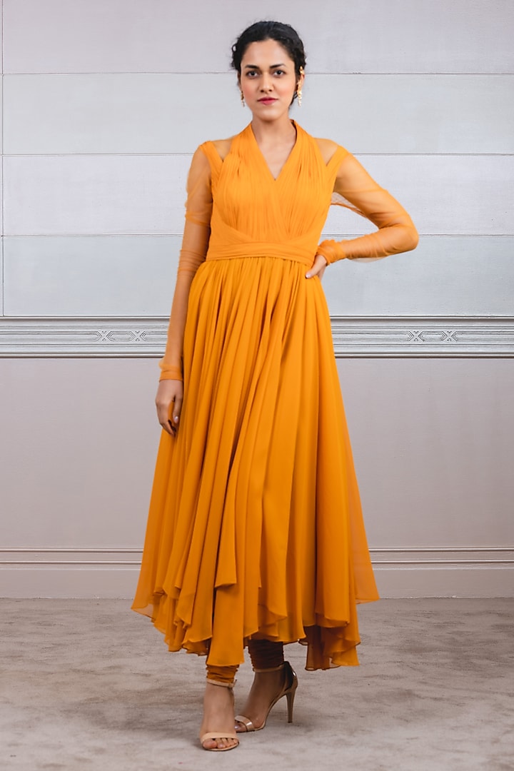 Mango Orange Poly Georgette Dress by Tarun Tahiliani