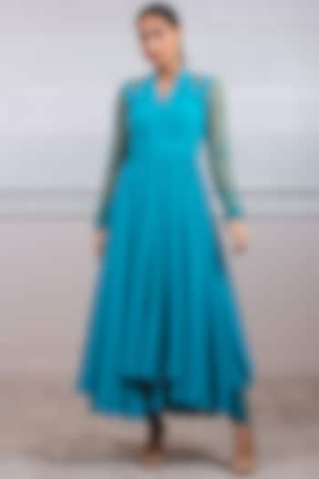 Caribbean Blue Poly Georgette Party Wear Dress by Tarun Tahiliani at Pernia's Pop Up Shop