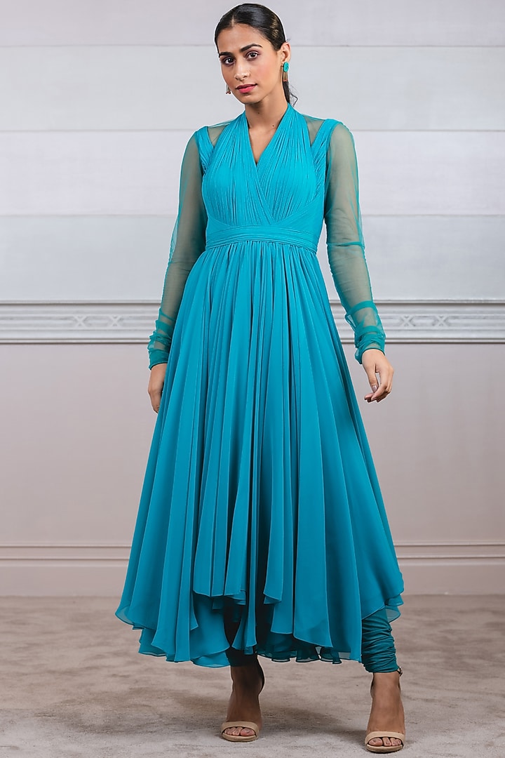 Caribbean Blue Poly Georgette Party Wear Dress by Tarun Tahiliani at Pernia's Pop Up Shop