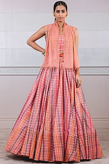 Geranium Pink Embroidered Gilet Jacket by Tarun Tahiliani