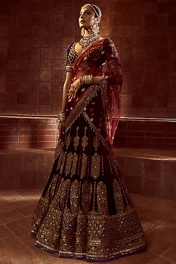 Wine & Gold Silk Velvet Hand Embroidered Lehenga Saree Set by Tarun Tahiliani