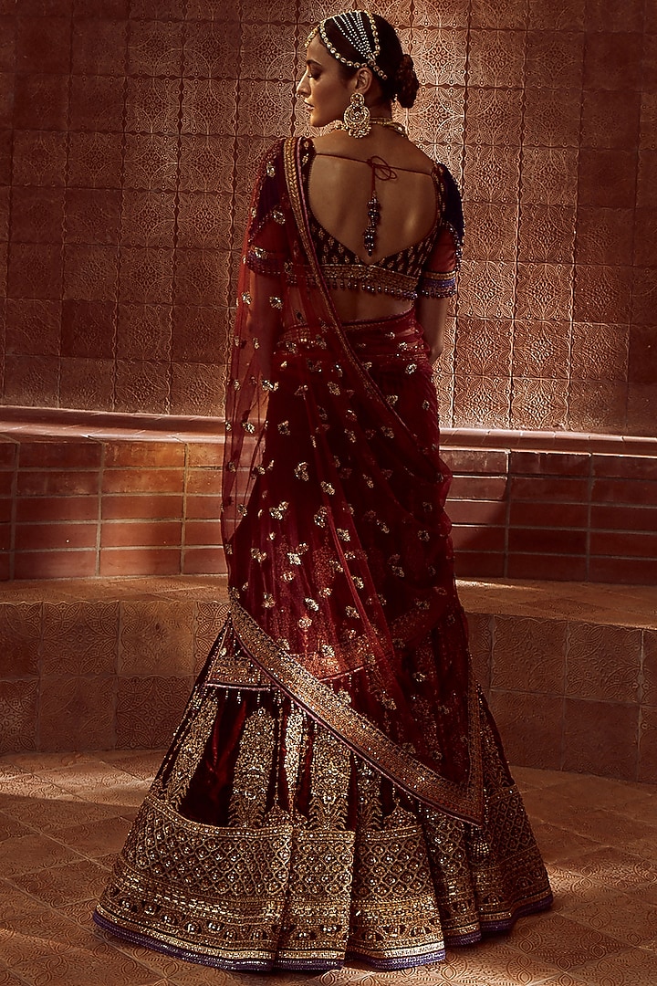 Wine & Gold Silk Velvet Hand Embroidered Bridal Lehenga Saree Set by Tarun Tahiliani at Pernia's Pop Up Shop