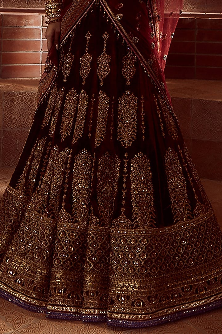 Wine & Gold Silk Velvet Hand Embroidered Bridal Lehenga Saree Set by Tarun Tahiliani at Pernia's Pop Up Shop