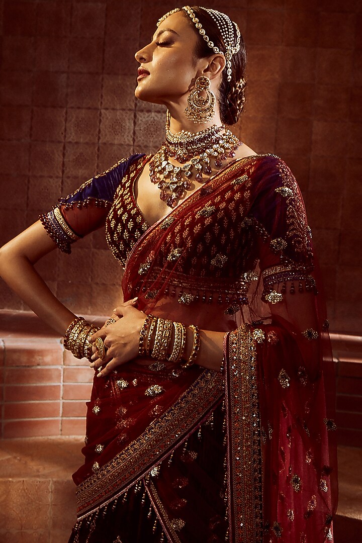Wine & Gold Silk Velvet Hand Embroidered Bridal Lehenga Saree Set by Tarun Tahiliani at Pernia's Pop Up Shop
